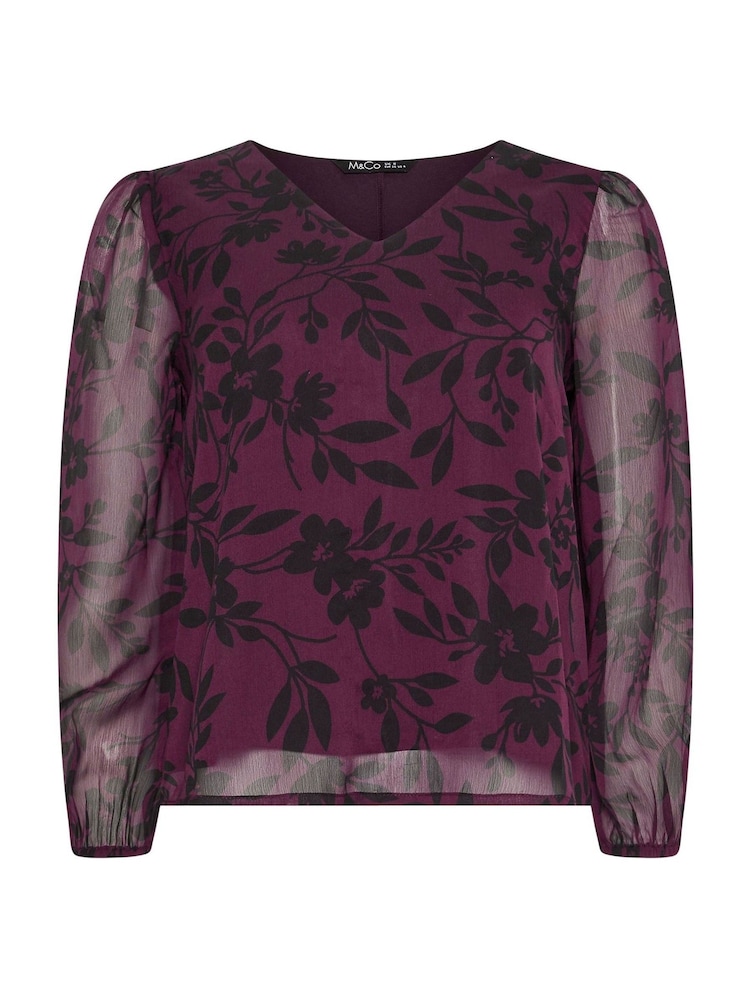 M&Co Red Petite Floral Print Long Sleeve Blouse - Image 5 of 5