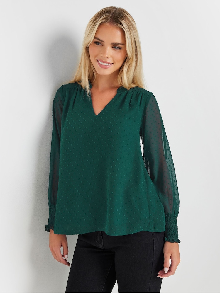 M&Co Green Petite Long Sleeve Spot Detail Blouse - Image 1 of 5