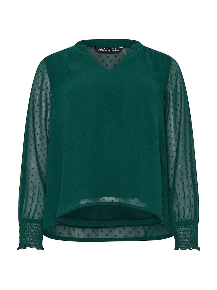 M&Co Green Petite Long Sleeve Spot Detail Blouse - Image 5 of 5