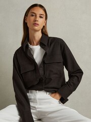 Reiss Chocolate Amelie Patch Pocket Twill Overshirt - Image 1 of 6