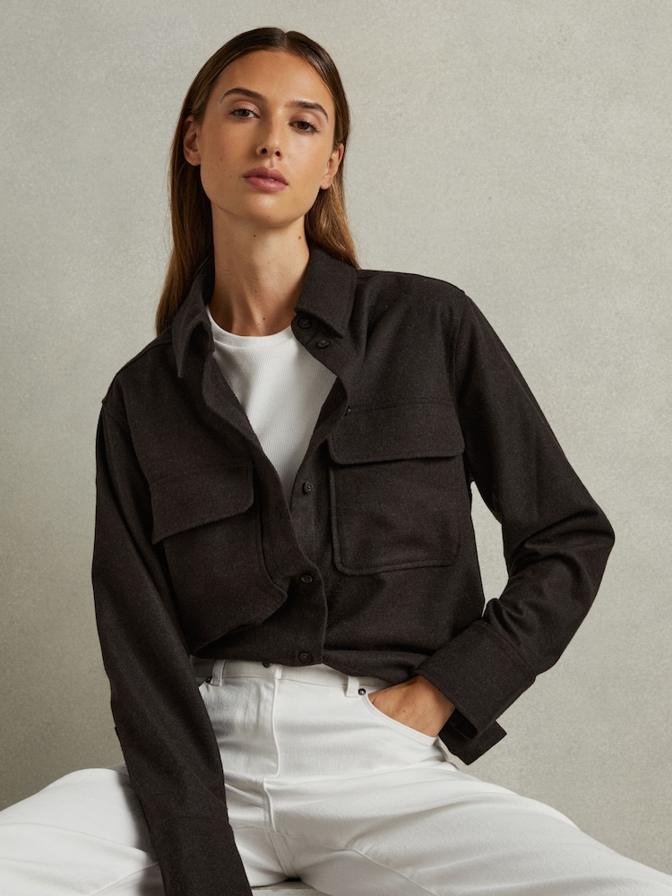 Reiss Chocolate Amelie Patch Pocket Twill Overshirt - Image 1 of 6