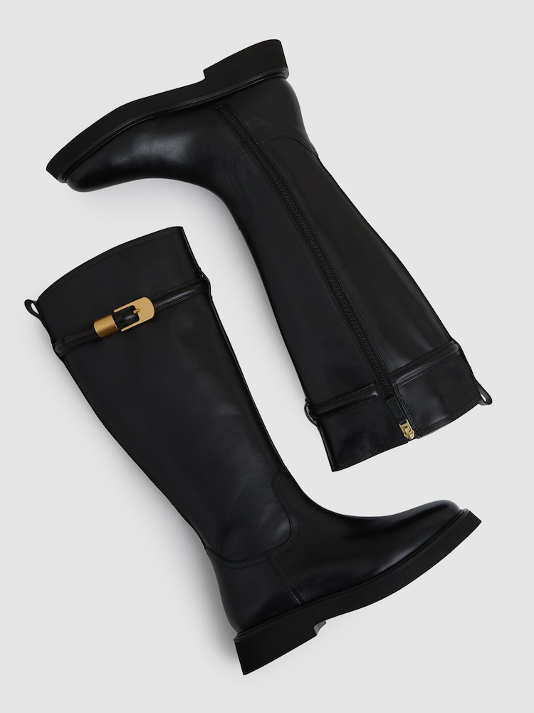 Reiss Black Briony Leather Buckled Knee-High Boots - Image 2 of 4