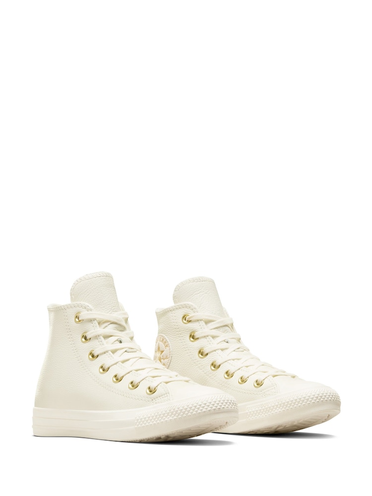 Converse White/Gold Chuck Taylor All-Star Mono Leather High Trainers - Image 3 of 8