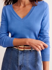 Boden Blue Catriona Cotton V-Neck Jumper - Image 2 of 6