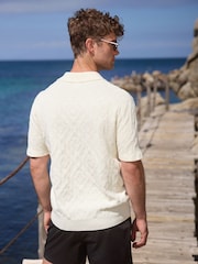 Ecru, Weiß - Regular Fit Cotton Rich Knit Textured Trophy Neck Polo Shirt - Bild 2 von 9