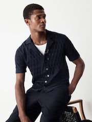 Navy Blue Regular Fit 100% Cotton Short Sleeve Cuban Collar Knit Pointelle Shirt - Image 1 of 8