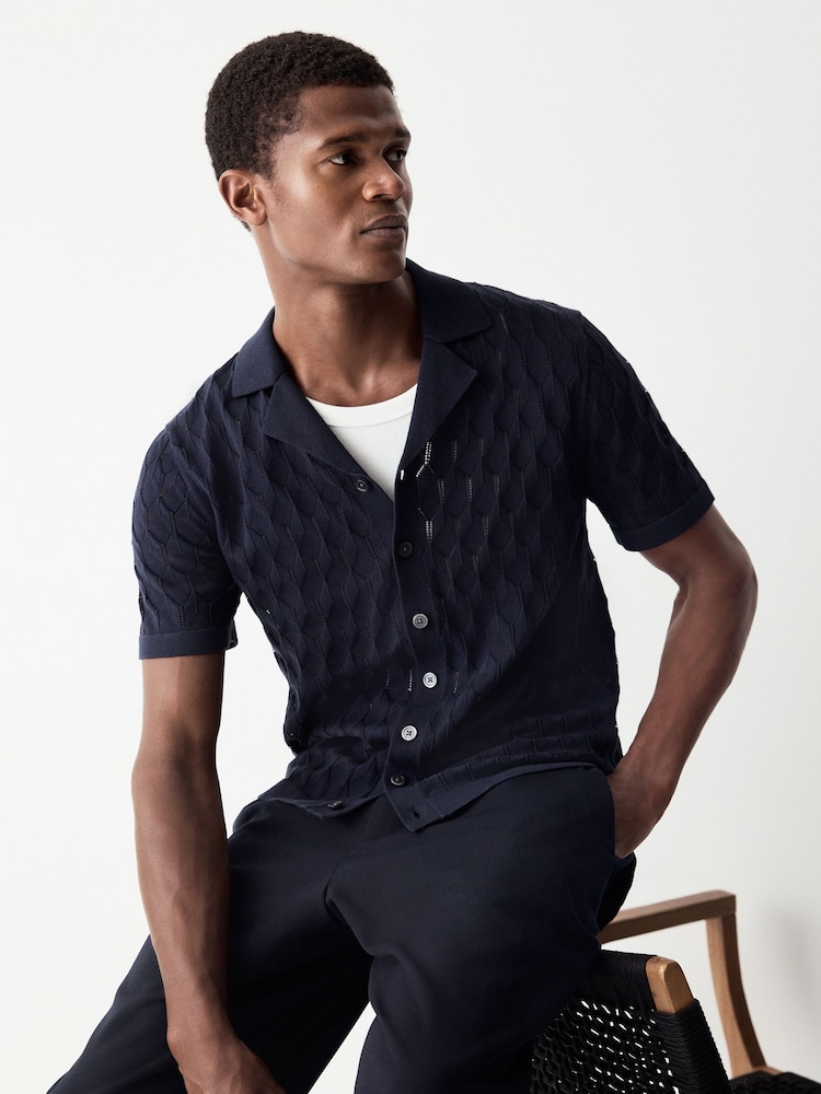 Navy Blue Regular Fit 100% Cotton Short Sleeve Cuban Collar Knit Pointelle Shirt - Image 1 of 8
