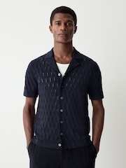 Navy Blue Regular Fit 100% Cotton Short Sleeve Cuban Collar Knit Pointelle Shirt - Image 2 of 8