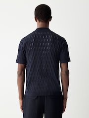 Navy Blue Regular Fit 100% Cotton Short Sleeve Cuban Collar Knit Pointelle Shirt - Image 3 of 8