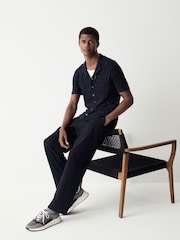Navy Blue Regular Fit 100% Cotton Short Sleeve Cuban Collar Knit Pointelle Shirt - Image 4 of 8