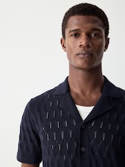 Navy Blue Regular Fit 100% Cotton Short Sleeve Cuban Collar Knit Pointelle Shirt - Image 5 of 8