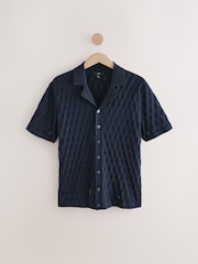 Navy Blue Regular Fit 100% Cotton Short Sleeve Cuban Collar Knit Pointelle Shirt - Image 6 of 8