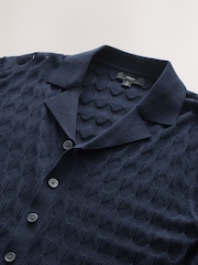 Navy Blue Regular Fit 100% Cotton Short Sleeve Cuban Collar Knit Pointelle Shirt - Image 7 of 8