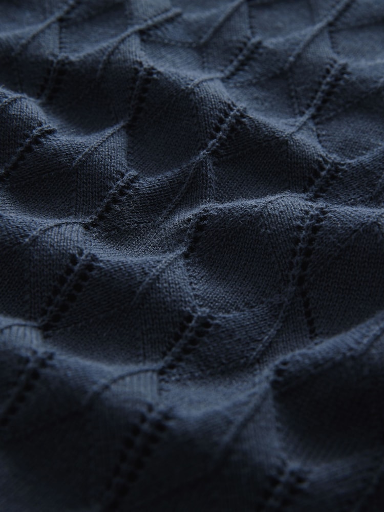 Navy Blue Regular Fit 100% Cotton Short Sleeve Cuban Collar Knit Pointelle Shirt - Image 8 of 8