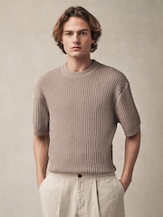 Neutral Relaxed Fit Cotton Rich Short Sleeve Bouclé Knit Crew T-Shirt - Image 1 of 7