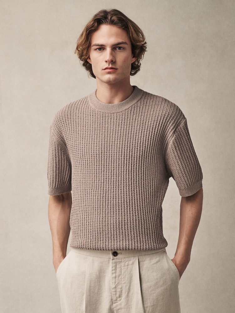 Neutral Relaxed Fit Cotton Rich Short Sleeve Bouclé Knit Crew T-Shirt - Image 1 of 7
