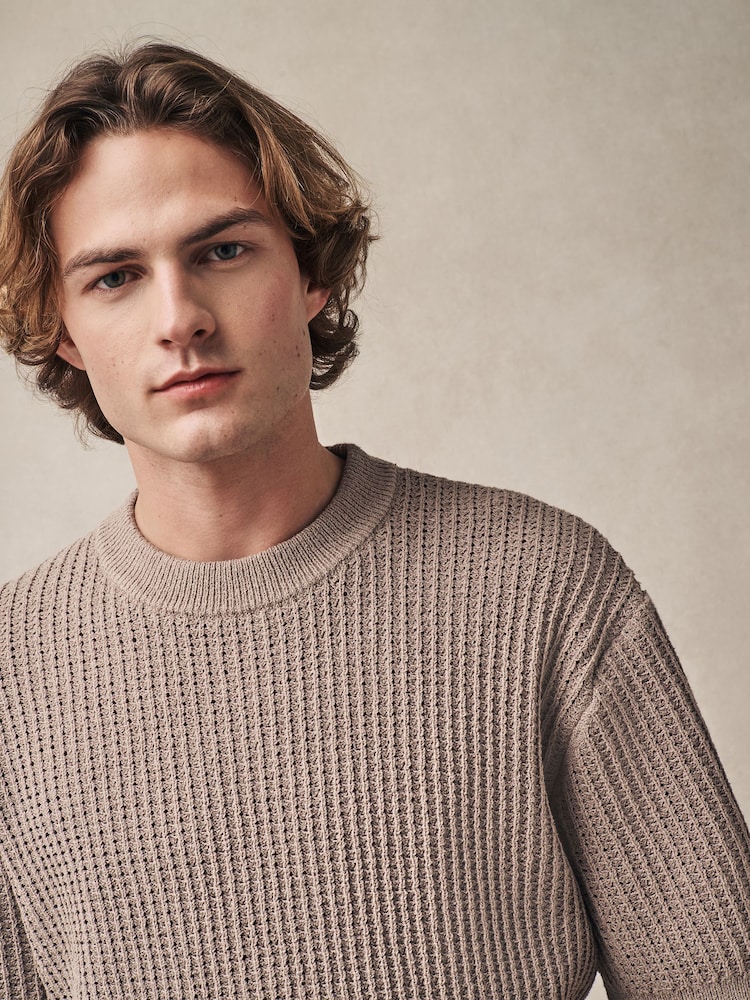 Neutral Relaxed Fit Cotton Rich Short Sleeve Bouclé Knit Crew T-Shirt - Image 2 of 7