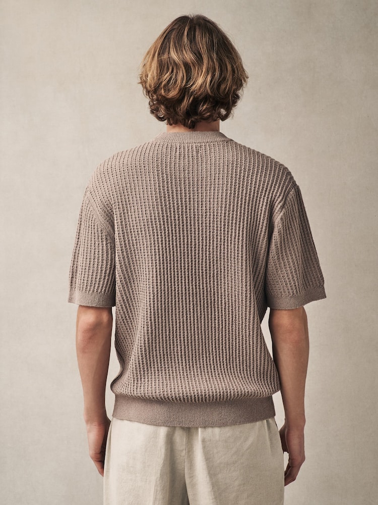 Neutral Relaxed Fit Cotton Rich Short Sleeve Bouclé Knit Crew T-Shirt - Image 4 of 7
