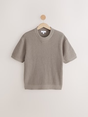 Neutral Relaxed Fit Cotton Rich Short Sleeve Bouclé Knit Crew T-Shirt - Image 5 of 7