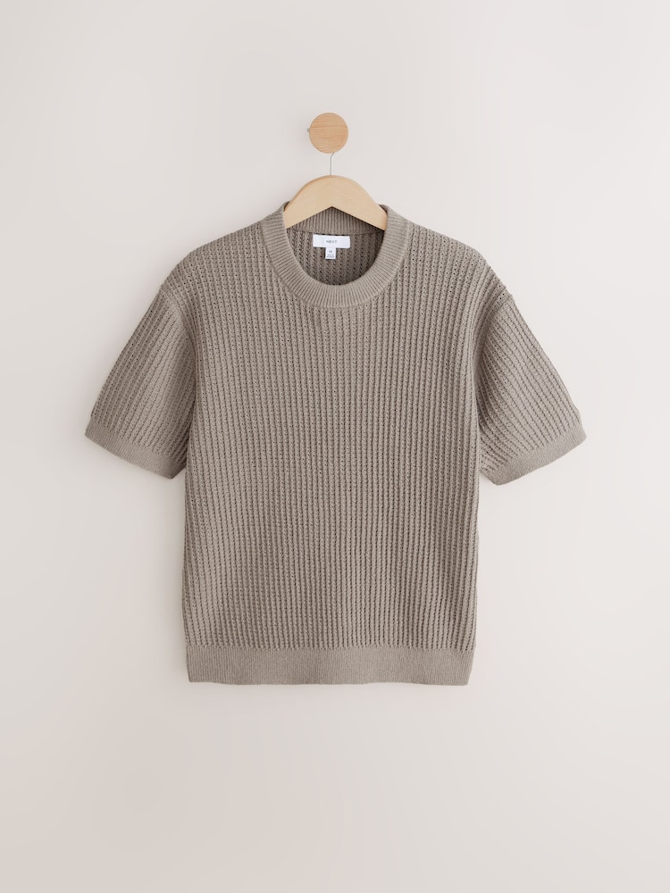 Neutral Relaxed Fit Cotton Rich Short Sleeve Bouclé Knit Crew T-Shirt - Image 5 of 7