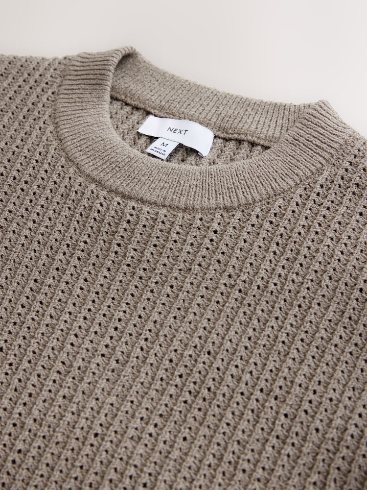 Neutral Relaxed Fit Cotton Rich Short Sleeve Bouclé Knit Crew T-Shirt - Image 6 of 7