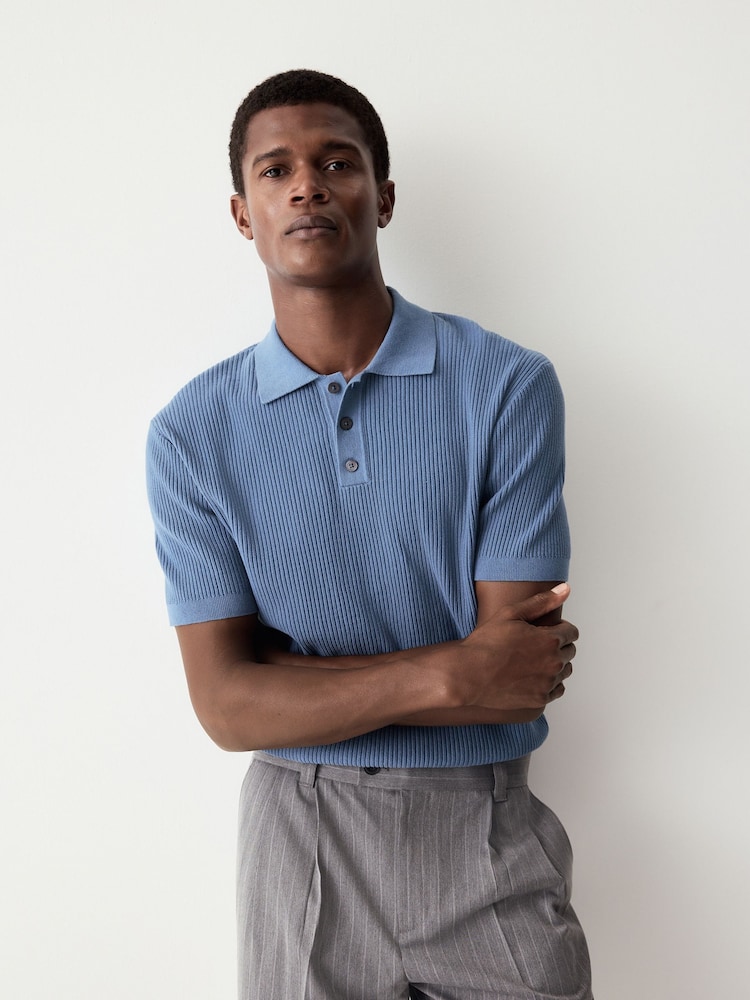 Mid Blue Regular Fit 100% Cotton Short Sleeve Knit Textured Rib Polo Shirt - Image 1 of 8