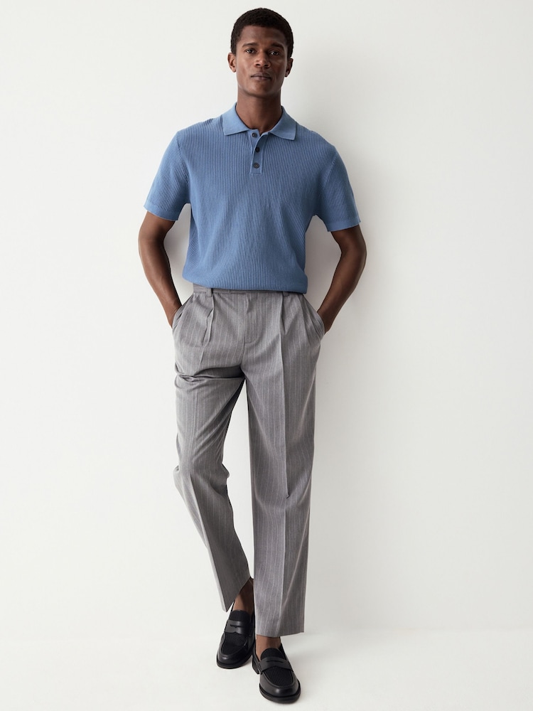 Mid Blue Regular Fit 100% Cotton Short Sleeve Knit Textured Rib Polo Shirt - Image 2 of 8