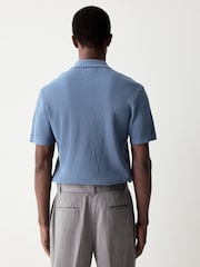 Mid Blue Regular Fit 100% Cotton Short Sleeve Knit Textured Rib Polo Shirt - Image 3 of 8