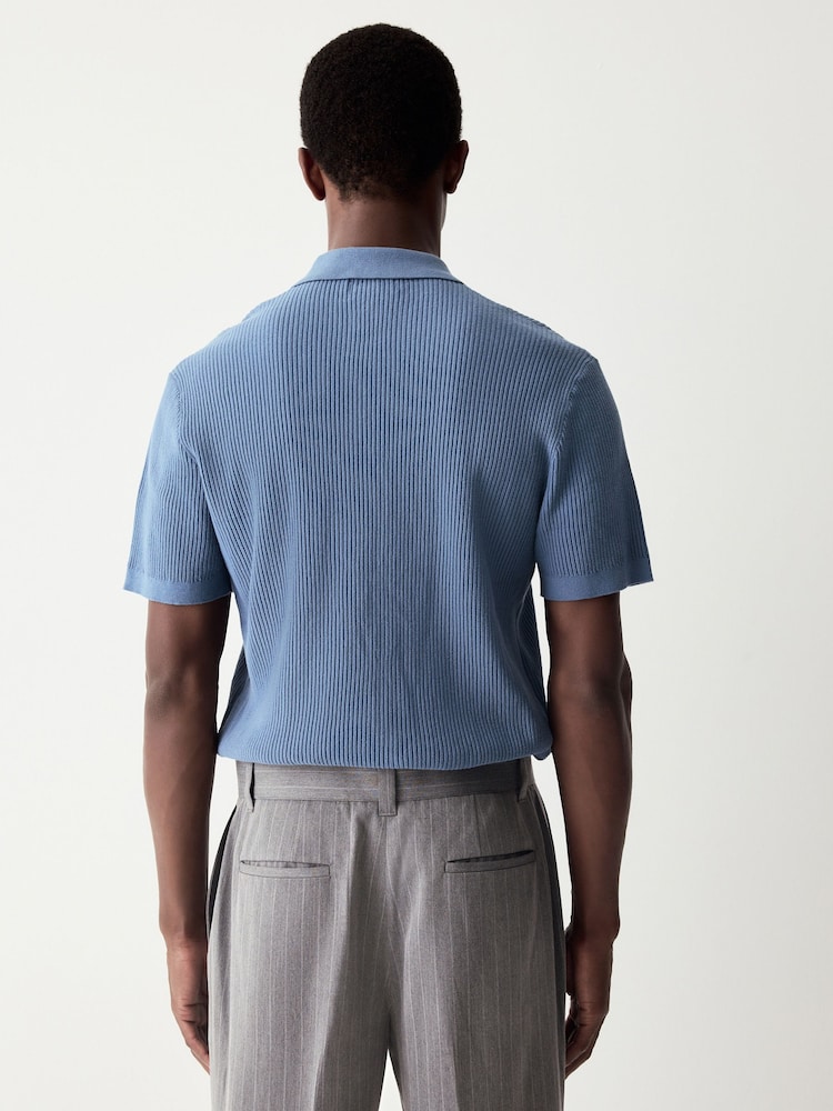 Mid Blue Regular Fit 100% Cotton Short Sleeve Knit Textured Rib Polo Shirt - Image 3 of 8