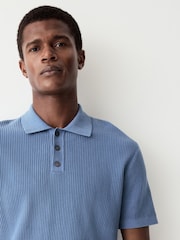 Mid Blue Regular Fit 100% Cotton Short Sleeve Knit Textured Rib Polo Shirt - Image 4 of 8