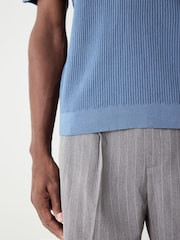 Mid Blue Regular Fit 100% Cotton Short Sleeve Knit Textured Rib Polo Shirt - Image 5 of 8
