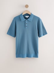 Mid Blue Regular Fit 100% Cotton Short Sleeve Knit Textured Rib Polo Shirt - Image 6 of 8