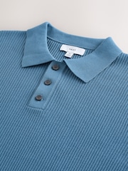 Mid Blue Regular Fit 100% Cotton Short Sleeve Knit Textured Rib Polo Shirt - Image 8 of 8