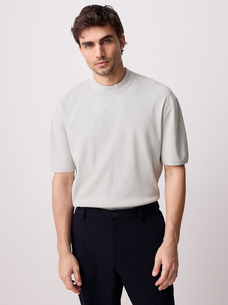 Light Grey Relaxed Fit Premium Short Sleeve Knitted Crew T-Shirt - Image 2 of 9