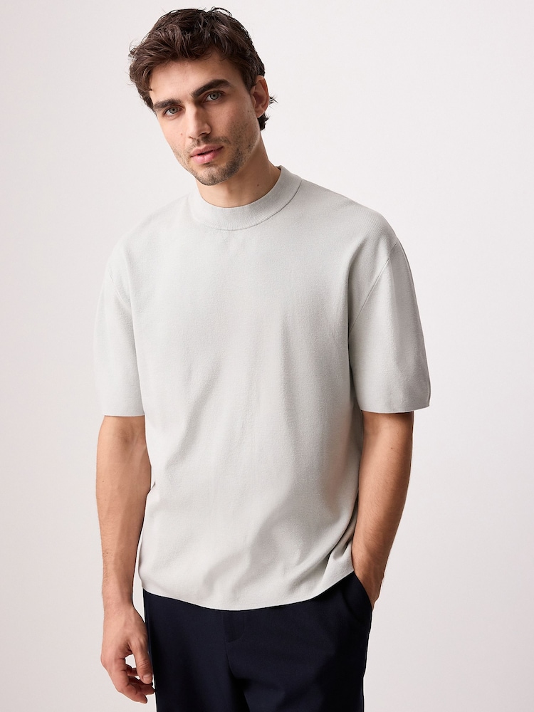Light Grey Relaxed Fit Premium Short Sleeve Knitted Crew T-Shirt - Image 5 of 9