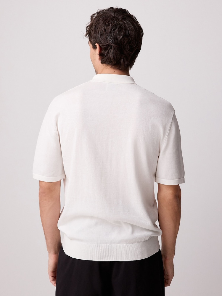 White Regular Fit 100% Cotton Short Sleeve Knit Pointelle Quarter Zip Polo Shirt - Image 3 of 8