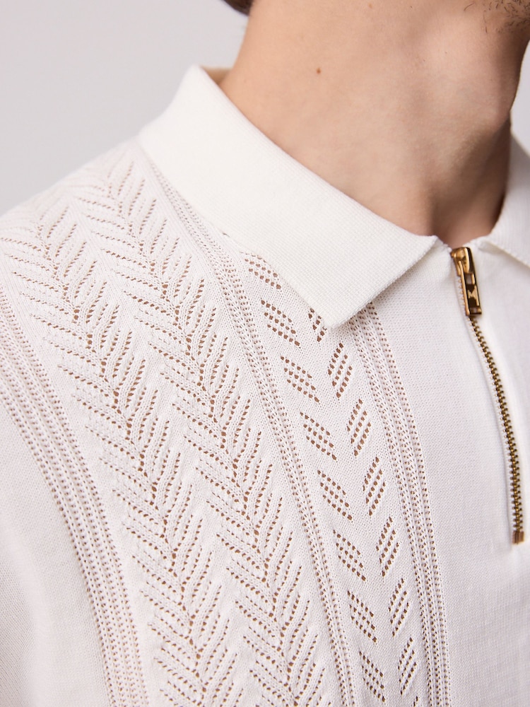 White Regular Fit 100% Cotton Short Sleeve Knit Pointelle Quarter Zip Polo Shirt - Image 5 of 8