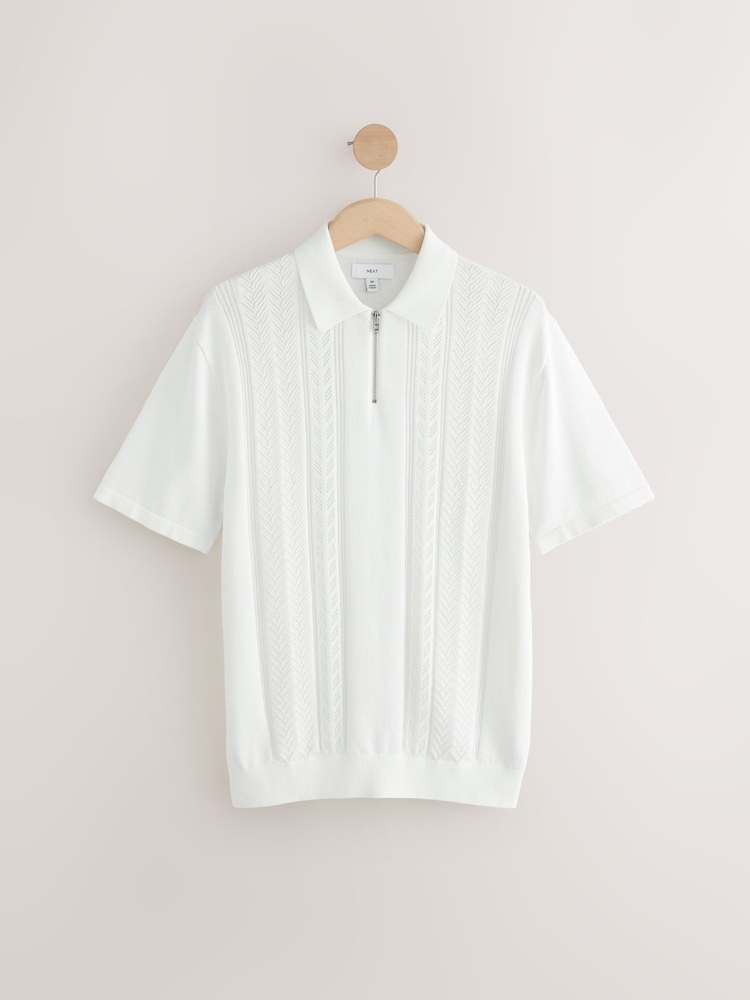 White Regular Fit 100% Cotton Short Sleeve Knit Pointelle Quarter Zip Polo Shirt - Image 6 of 8