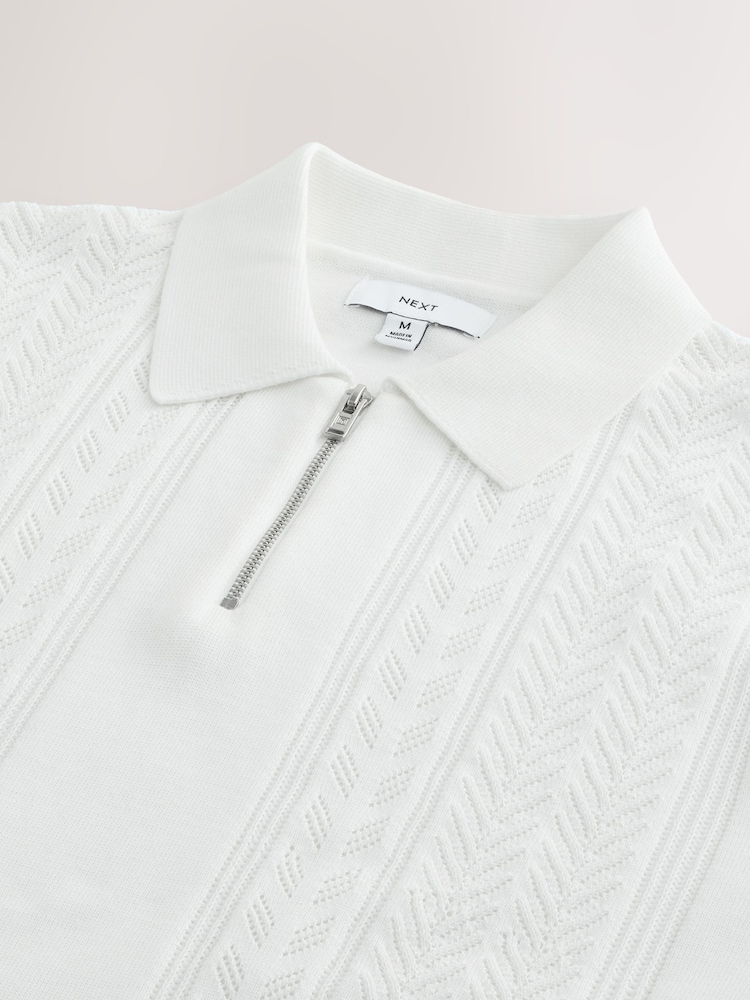 White Regular Fit 100% Cotton Short Sleeve Knit Pointelle Quarter Zip Polo Shirt - Image 7 of 8