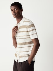 White/Neutral Relaxed Fit Cotton Rich Short Sleeve Stripe Crochet Knit Shirt - Image 1 of 4