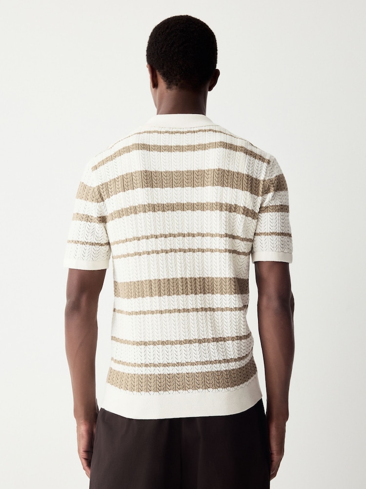 White/Neutral Relaxed Fit Cotton Rich Short Sleeve Stripe Crochet Knit Shirt - Image 2 of 4