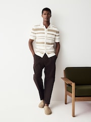 White/Neutral Relaxed Fit Cotton Rich Short Sleeve Stripe Crochet Knit Shirt - Image 3 of 4