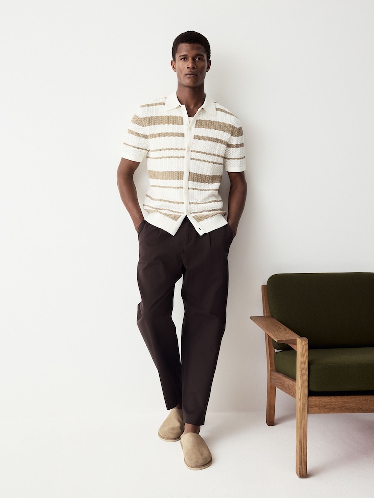 White/Neutral Relaxed Fit Cotton Rich Short Sleeve Stripe Crochet Knit Shirt - Image 3 of 4