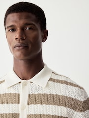 White/Neutral Relaxed Fit Cotton Rich Short Sleeve Stripe Crochet Knit Shirt - Image 4 of 4