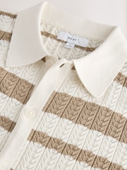 White/Neutral Relaxed Fit Cotton Rich Short Sleeve Stripe Crochet Knit Shirt - Image 7 of 7