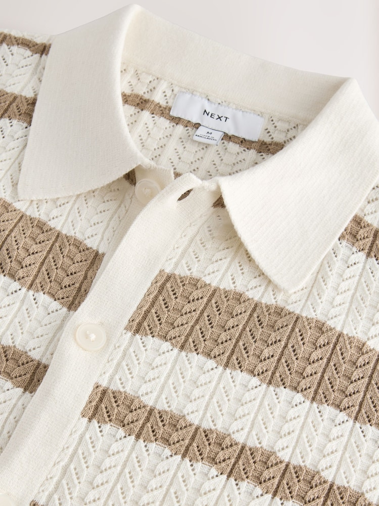 White/Neutral Relaxed Fit Cotton Rich Short Sleeve Stripe Crochet Knit Shirt - Image 7 of 7
