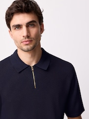 Navy Blue Regular Fit Short Sleeve Mesh Knit Quarter Zip Polo Shirt - Image 1 of 10