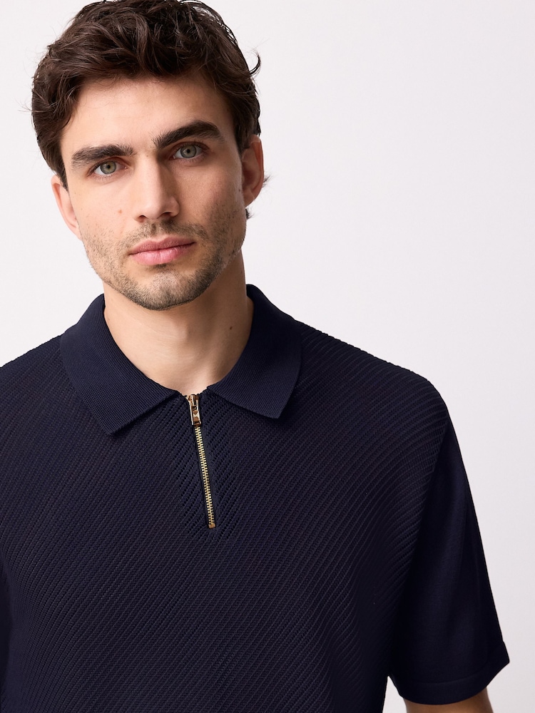 Navy Blue Regular Fit Short Sleeve Mesh Knit Quarter Zip Polo Shirt - Image 1 of 10