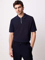 Navy Blue Regular Fit Short Sleeve Mesh Knit Quarter Zip Polo Shirt - Image 2 of 10