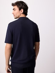 Navy Blue Regular Fit Short Sleeve Mesh Knit Quarter Zip Polo Shirt - Image 3 of 10